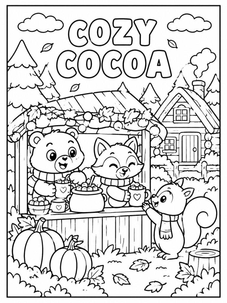 Cute cozy cocoa coloring page with a bear, fox, squirrel, woodland cocoa stand, cabin, pumpkins, and leaves