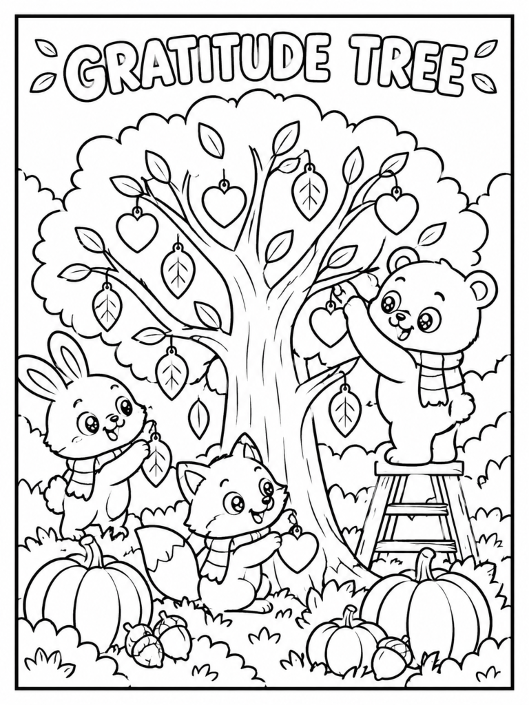 Cute gratitude tree coloring page with a bear, fox, bunny, heart ornaments, leaves, and pumpkins