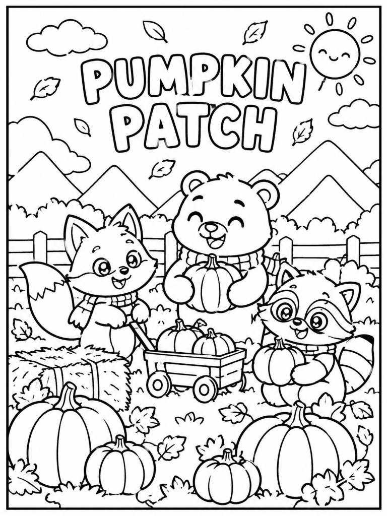 Cute November pumpkin patch coloring page with a bear, fox, raccoon, wagon, pumpkins, mountains, and falling leaves