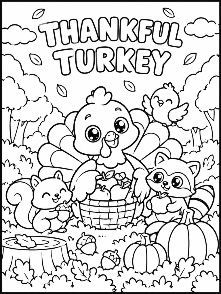 Cute November coloring page featuring a friendly thankful turkey, woodland animals, pumpkins, and falling leaves