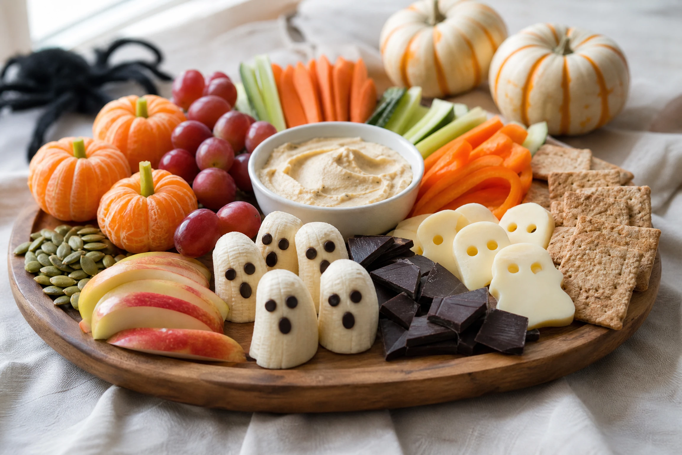 Wholesome Halloween snack board with fruit, vegetables, cheese, crackers, and hummus
