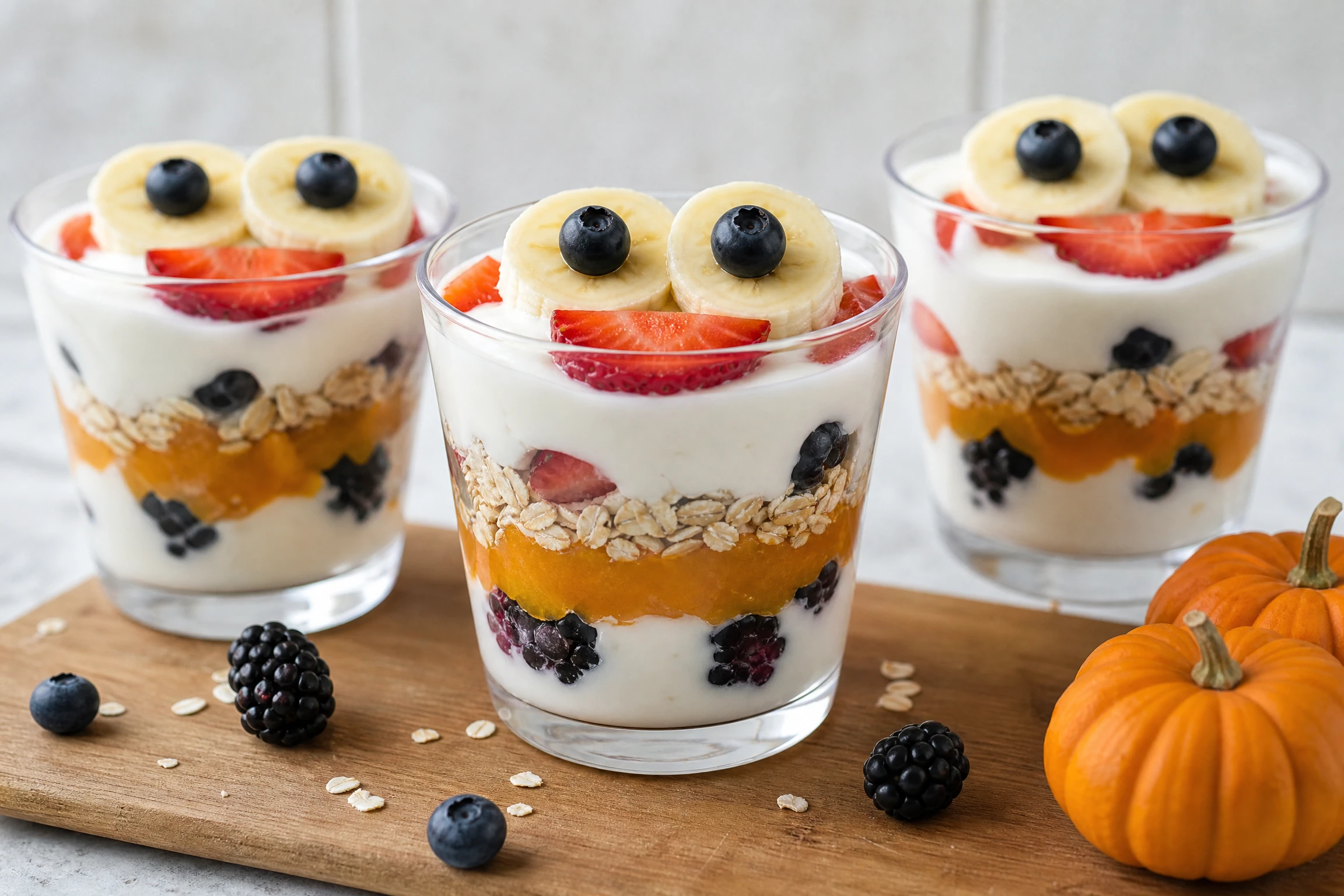 Halloween yogurt parfait cups layered with berries, pumpkin, oats, and fruit