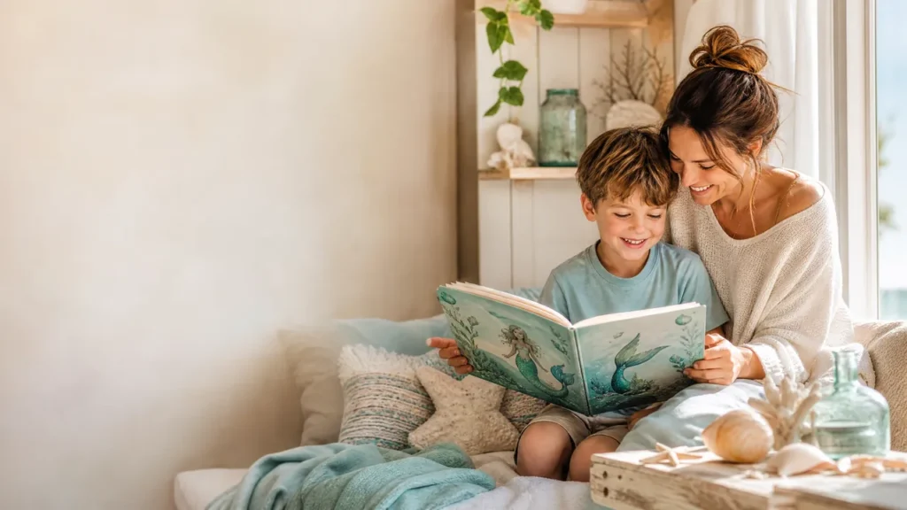 A mother and her young boy exploring a magical ocean-themed storybook together