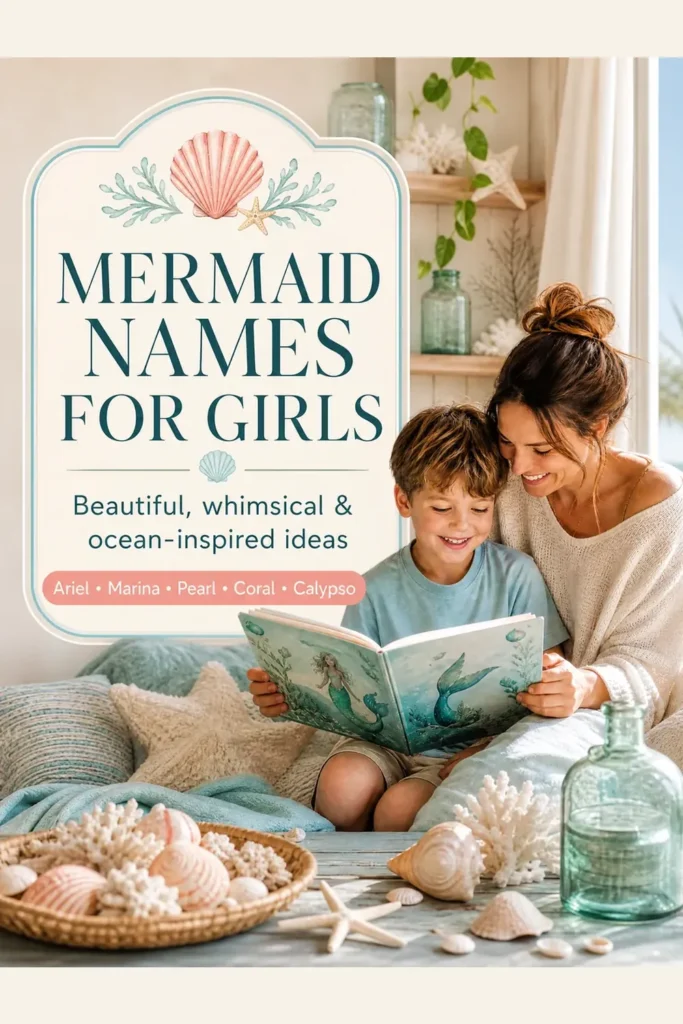A mother and her son choosing an ocean-inspired baby name beside seashells