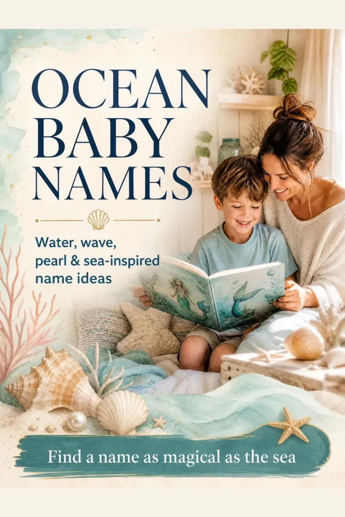 A mother and her boy looking at an illustrated book about mermaid mythology
