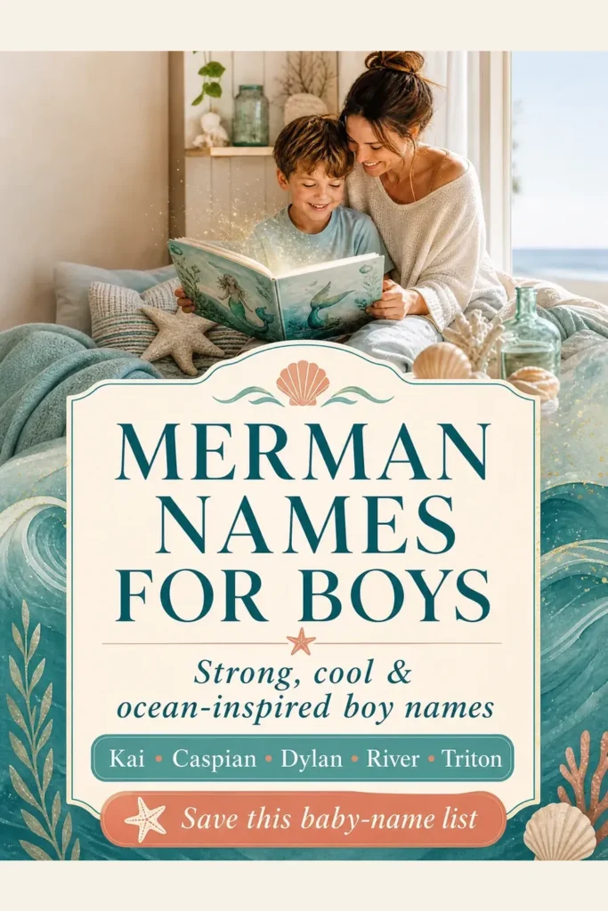 A mother and her young boy exploring strong ocean-inspired merman name ideas