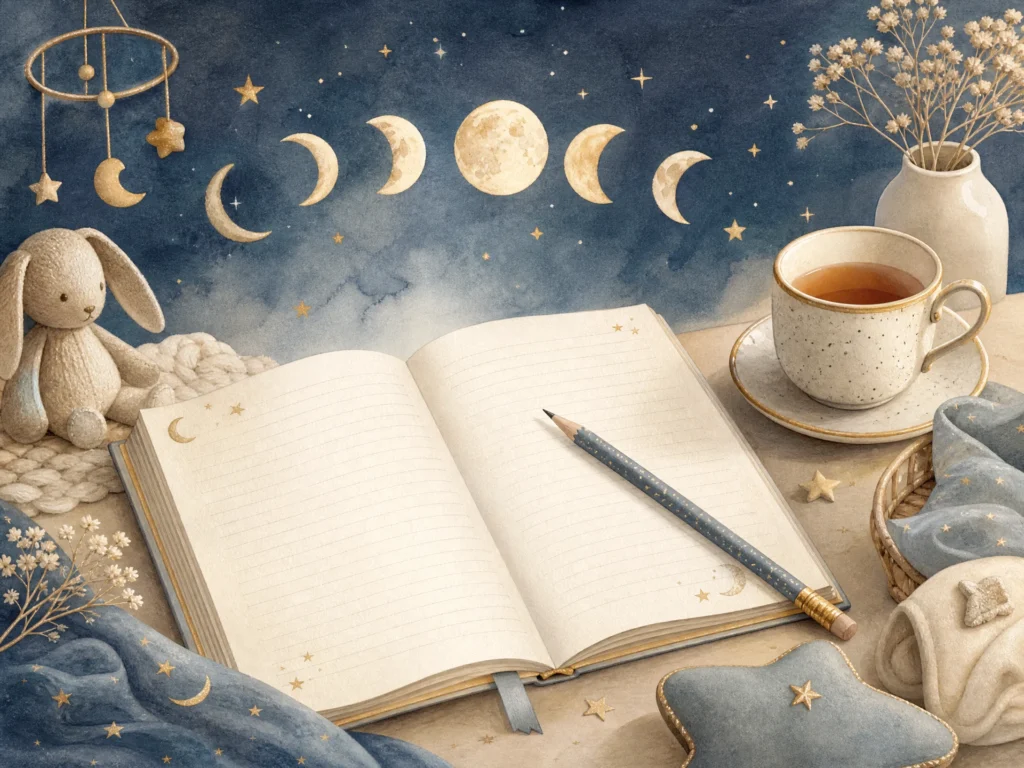 An open celestial baby-name notebook with moon phases, stars, and a pencil.