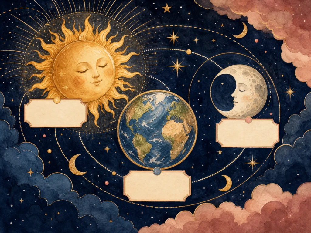 A watercolor illustration of the Sun, Moon, and Earth in orbit with blank celestial name cards.