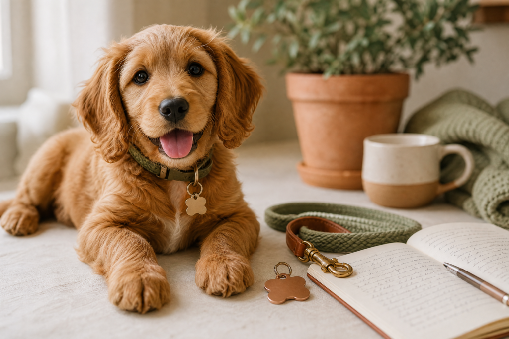 Supporting image: a dog tag, leash, and notebook with name ideas surrounding a happy female puppy