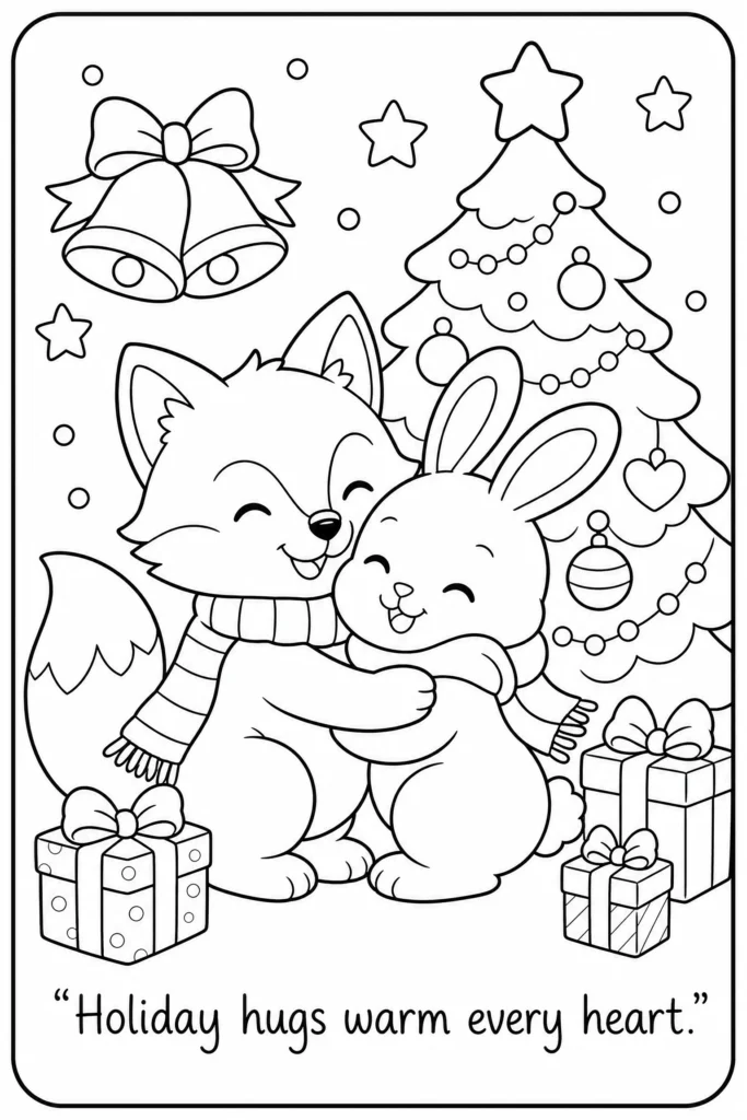 Holiday hugs warm every heart coloring page