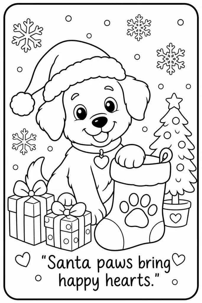 Santa paws bring happy hearts coloring page