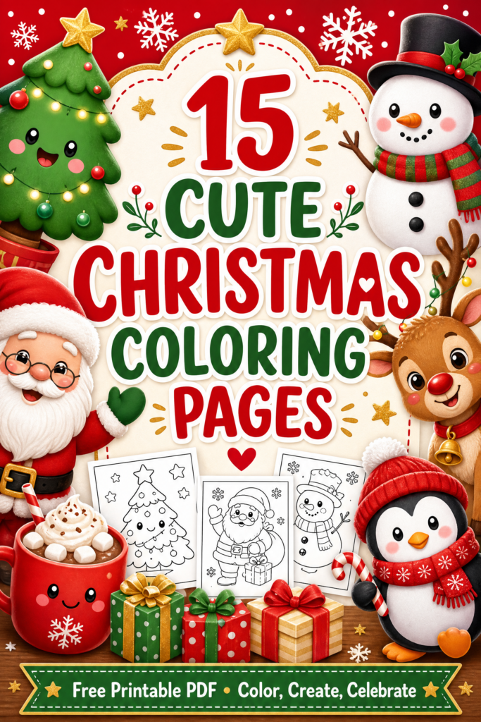 Pinterest pin for 15 cute Christmas coloring pages