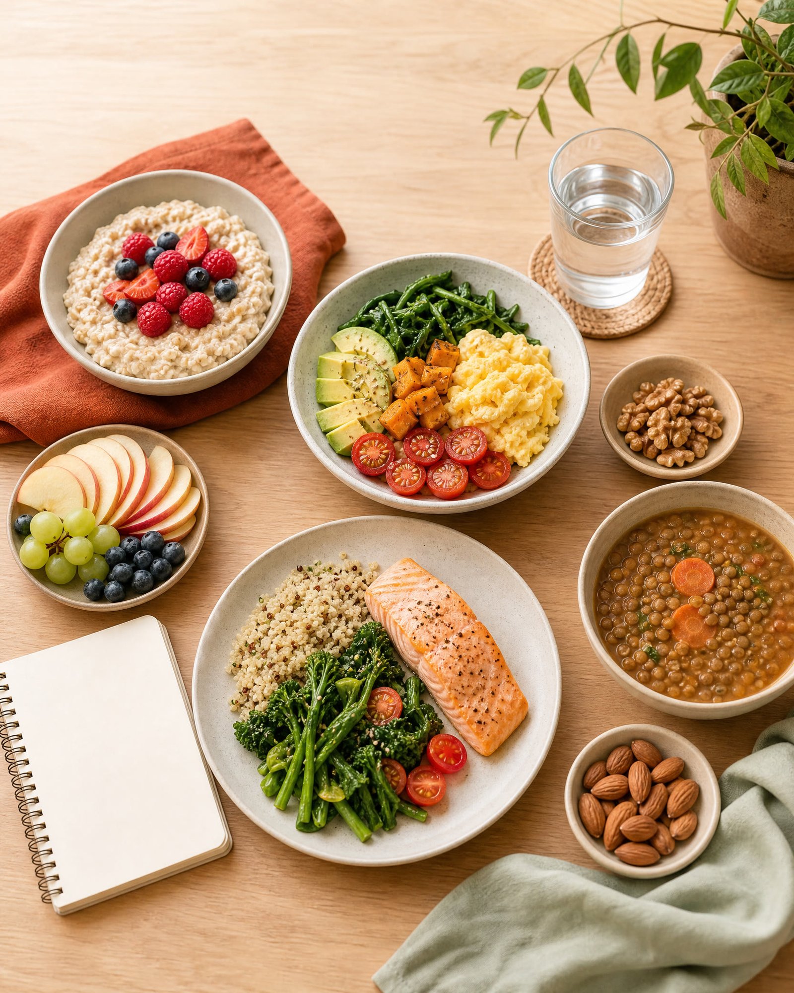 A colorful one-day breastfeeding meal plan with oats, eggs, salmon, lentils, vegetables, fruit, and water