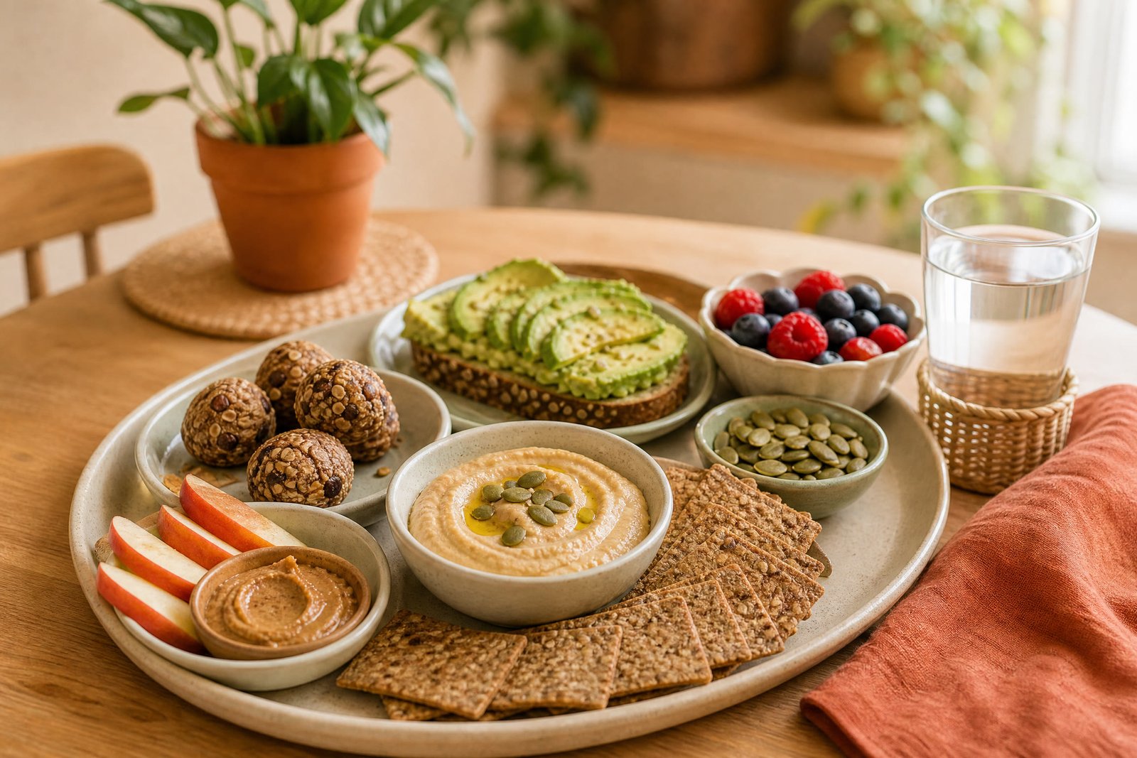 A practical snack tray with hummus, crackers, avocado toast, fruit, energy bites, seeds, and water