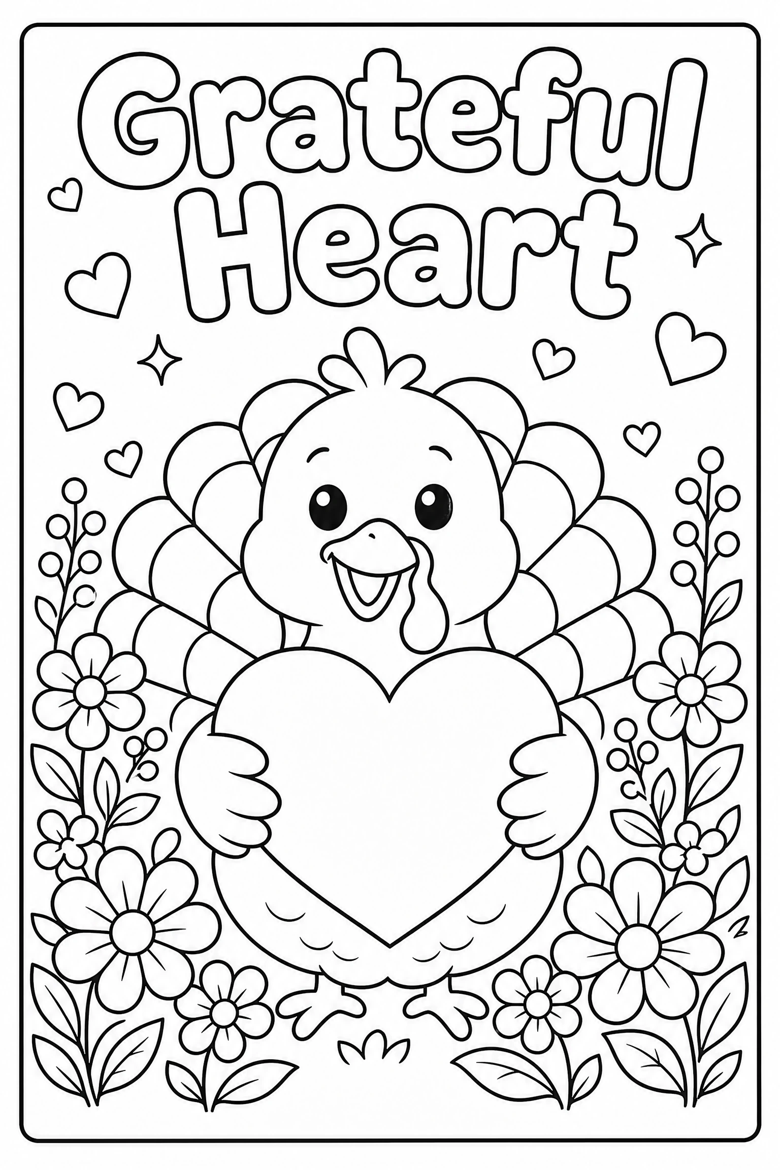 Grateful heart turkey coloring page for kids