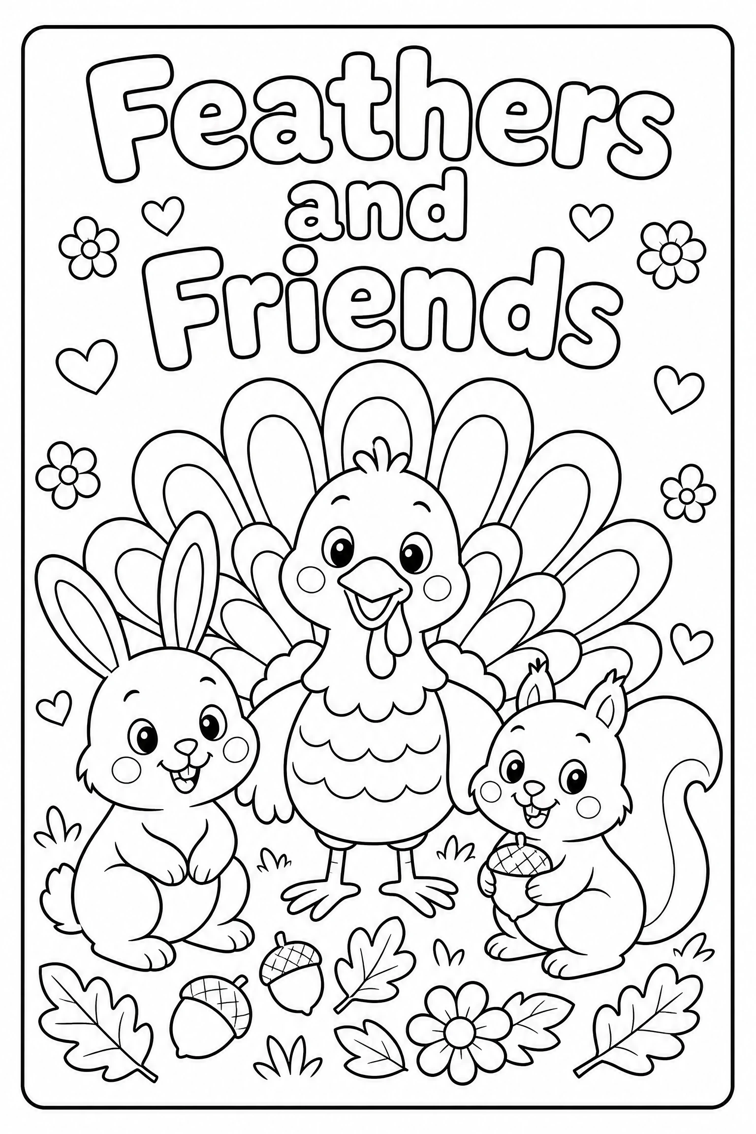 Feathers and friends turkey coloring page for kids