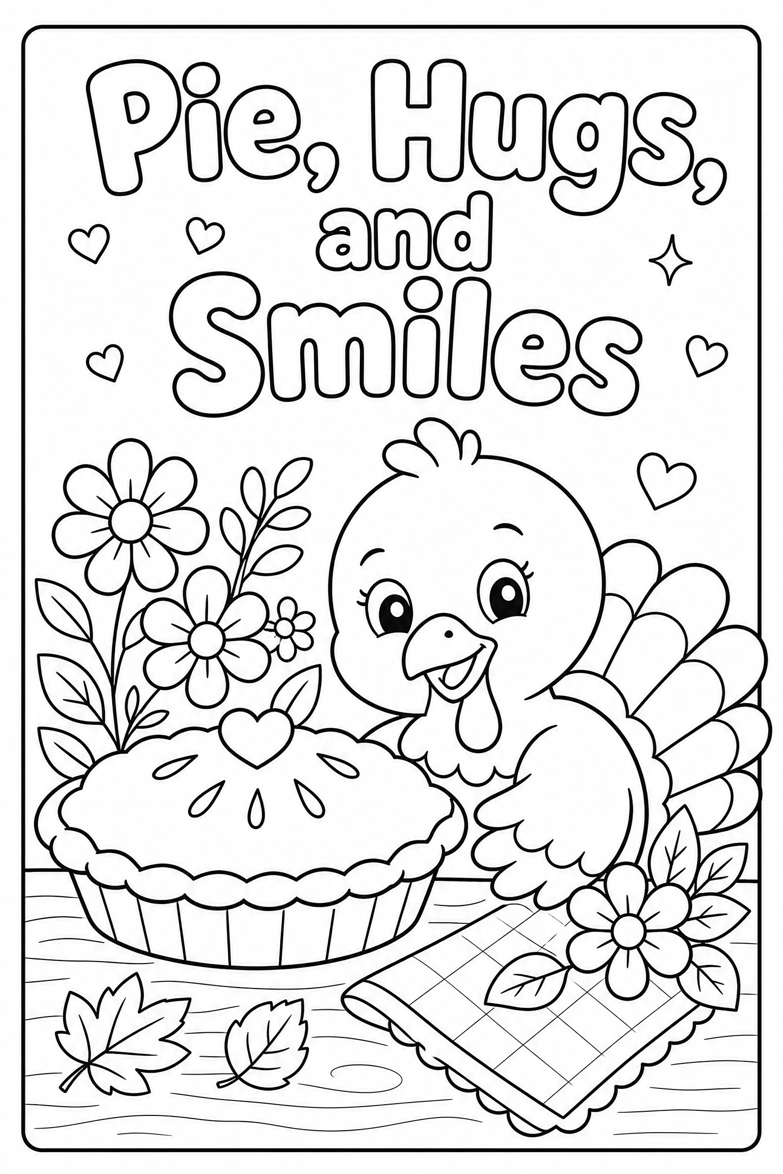 Pie hugs and smiles turkey coloring page for kids