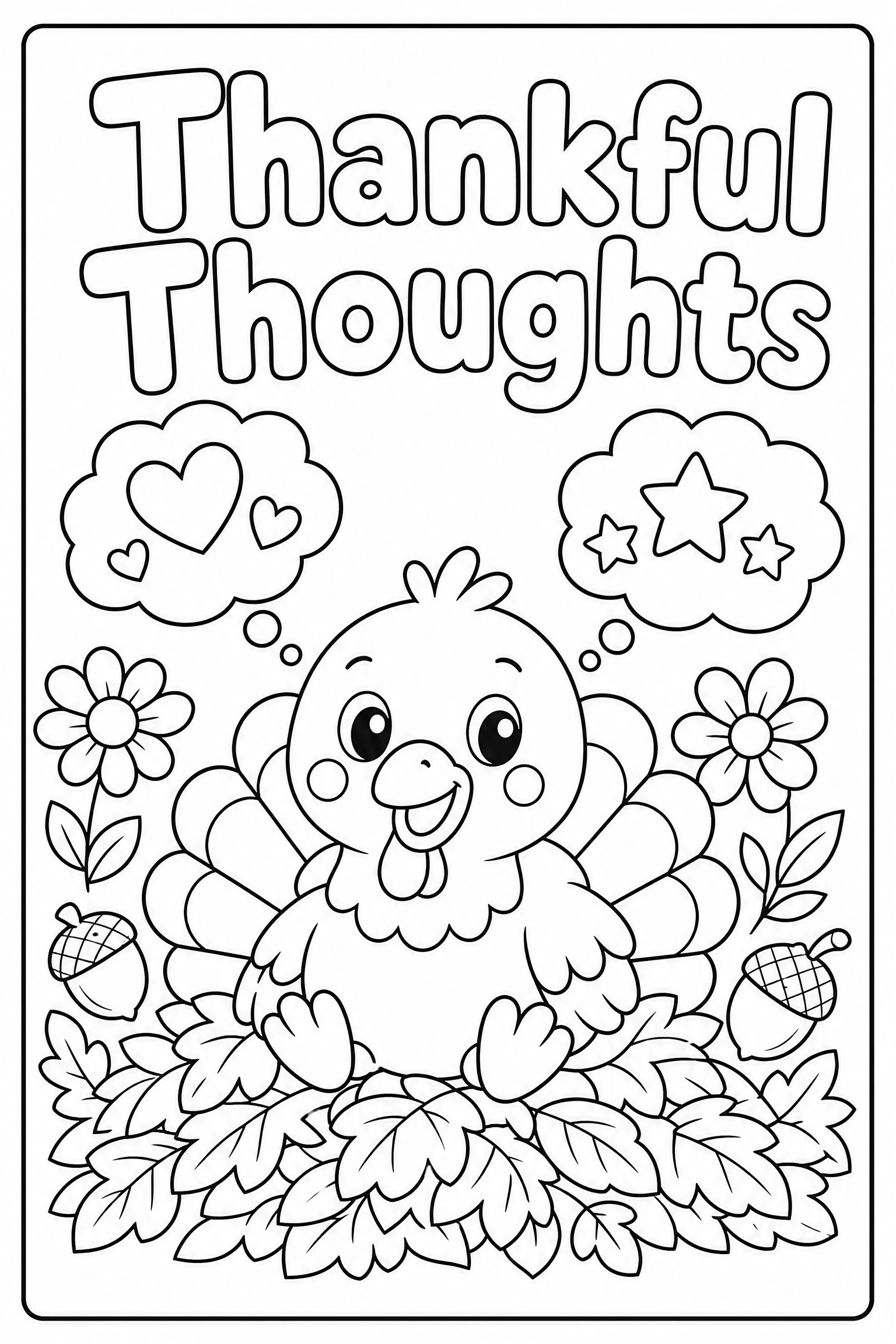Thankful thoughts turkey coloring page for kids