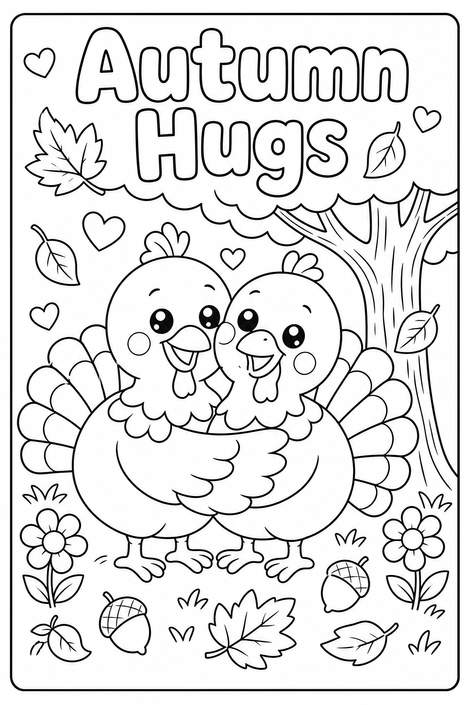 Autumn hugs turkey coloring page for kids