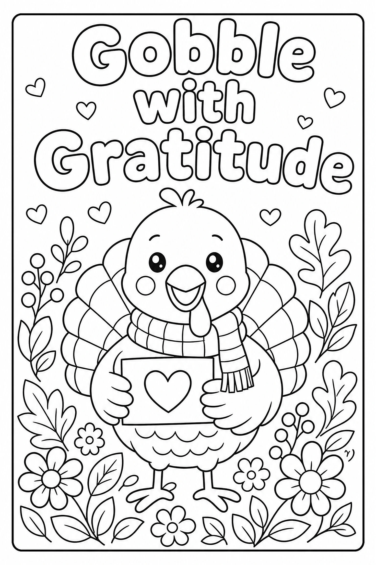 Gobble with gratitude turkey coloring page for kids