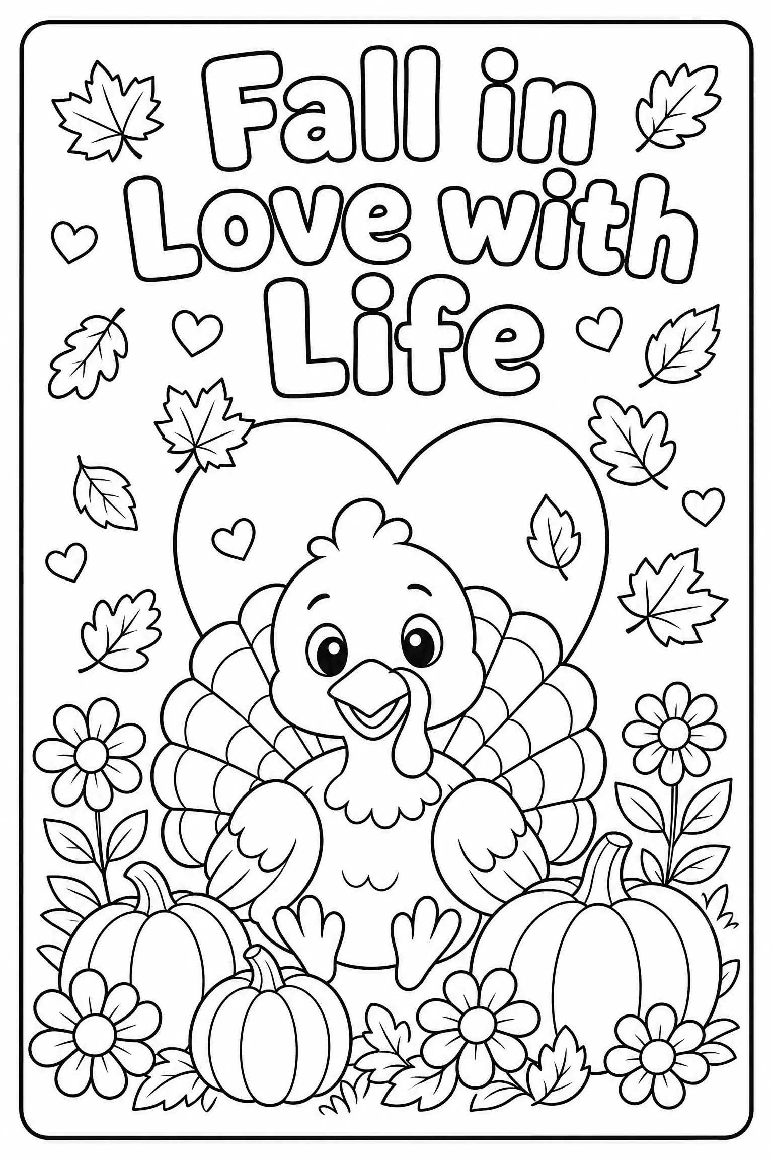 Fall in love with life turkey coloring page for kids