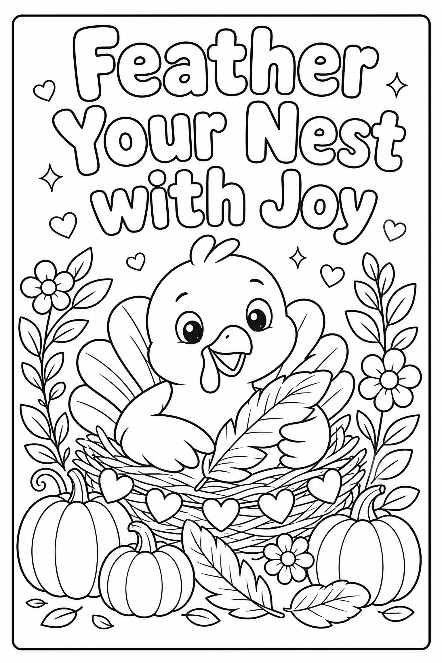 Feather your nest with joy turkey coloring page for kids