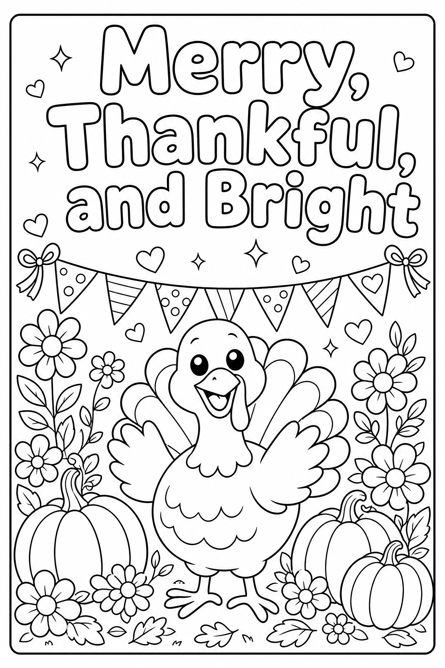Merry thankful and bright turkey coloring page for kids