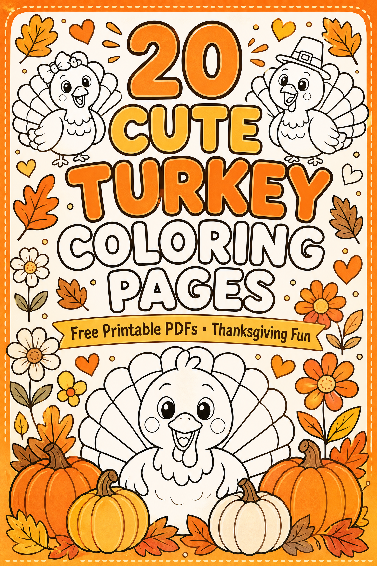 Pinterest pin for 20 cute turkey coloring pages