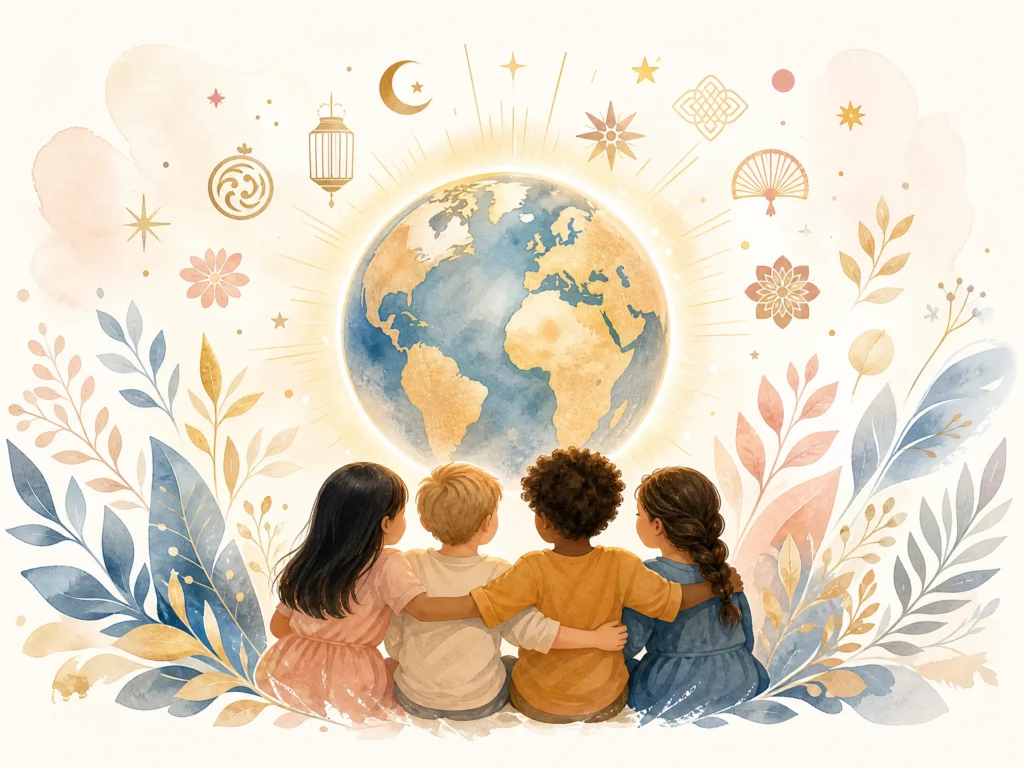 A glowing globe surrounded by botanical motifs, stars, and cultural symbols represents light-related names from around the world.