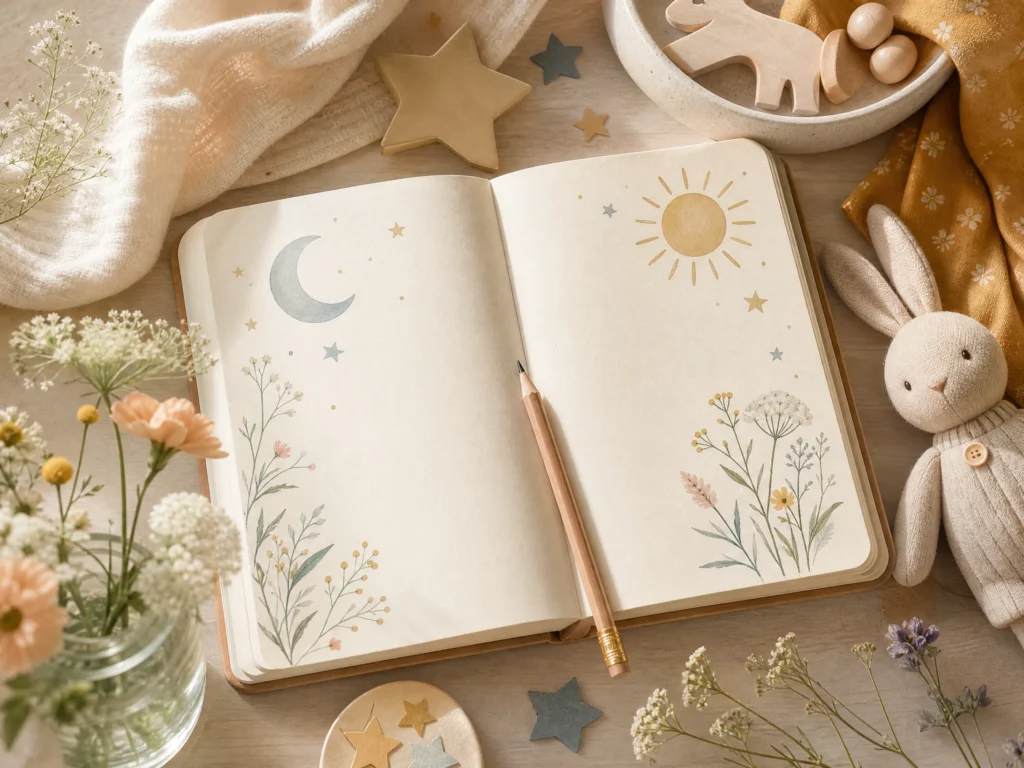 An open baby-name notebook surrounded by stars, flowers, a crescent moon, and a sun motif.