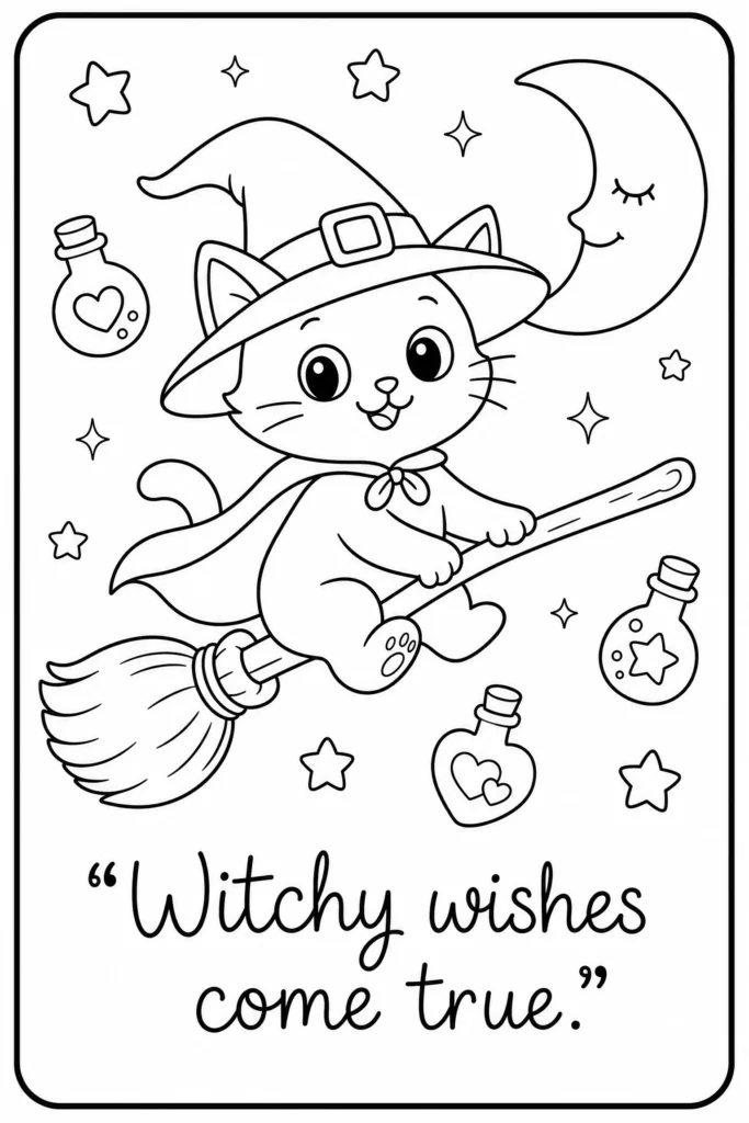 Witchy wishes come true coloring page