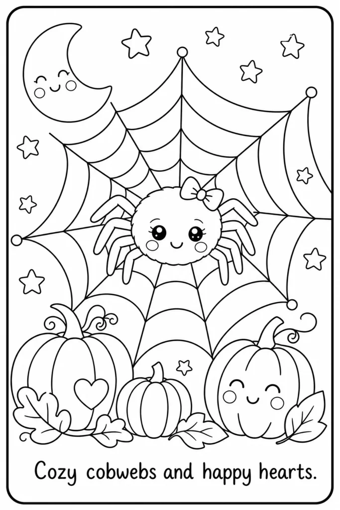 Cozy cobwebs and happy hearts coloring page