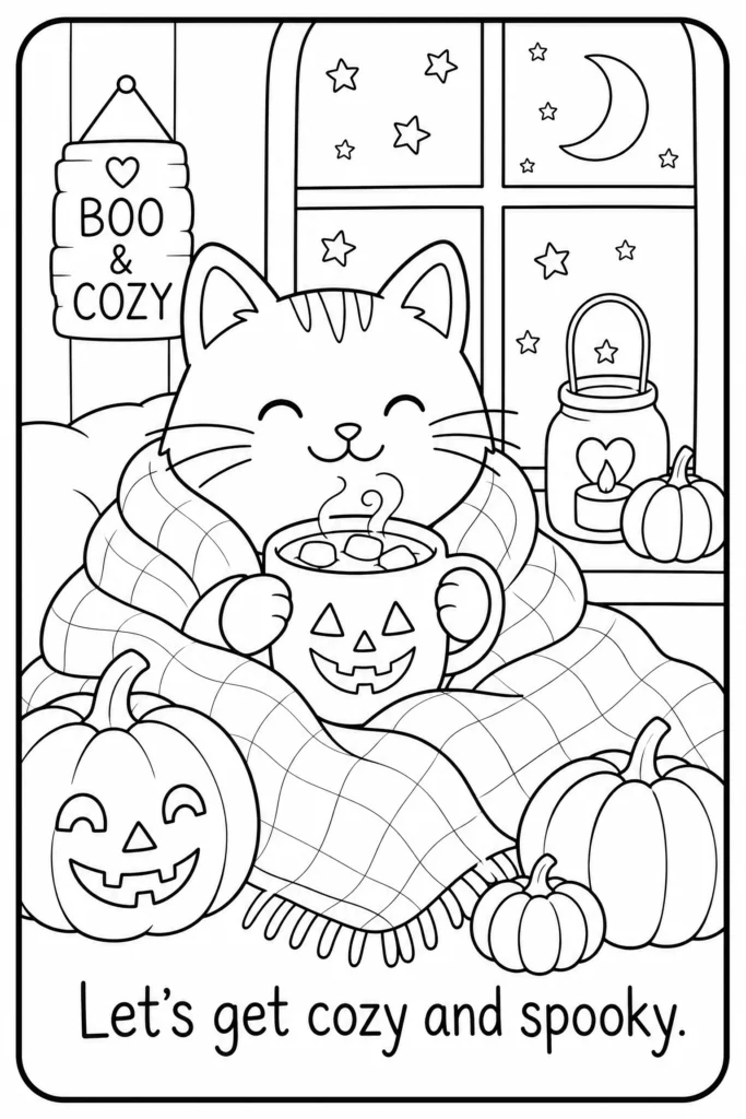 Let's get cozy and spooky coloring page