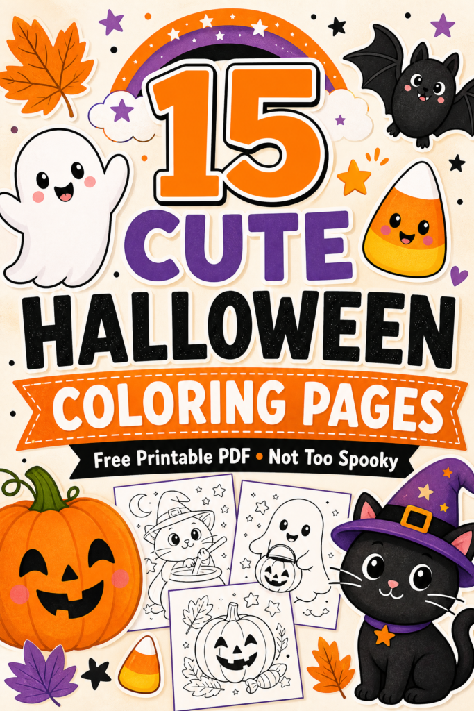 Pinterest pin for 15 cute Halloween coloring pages
