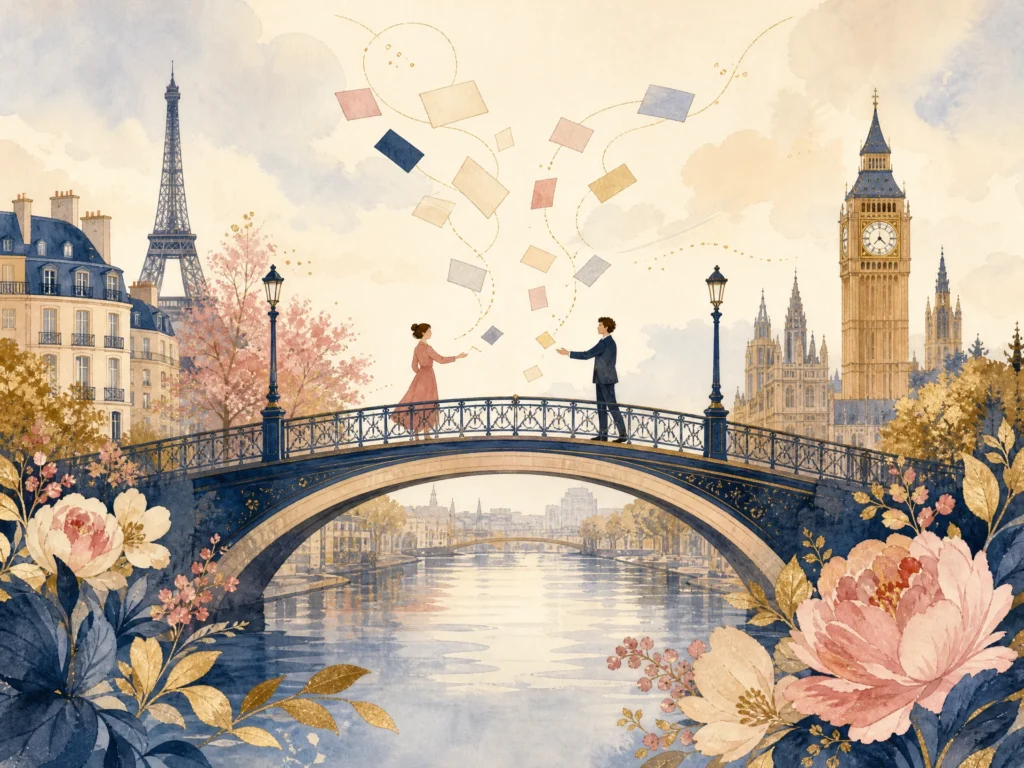 A watercolor bridge connects Paris and London with floating blank name cards, symbolizing names that travel naturally between French and English.