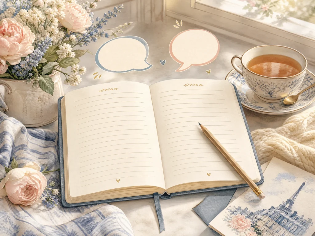 An open notebook with two blank columns, speech bubbles, flowers, and a pencil represents testing a name in two languages.