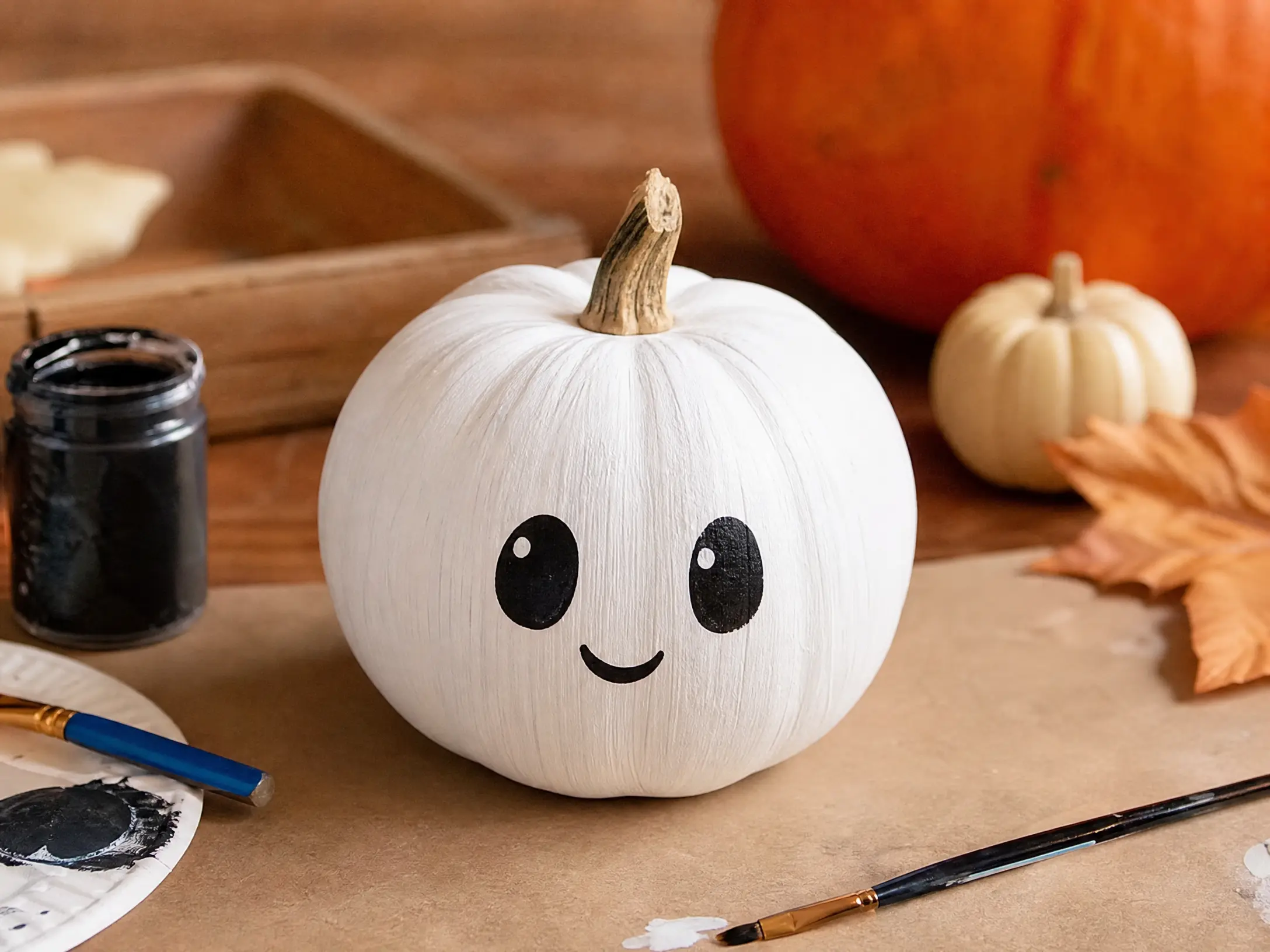 Small white pumpkin painted like a friendly ghost