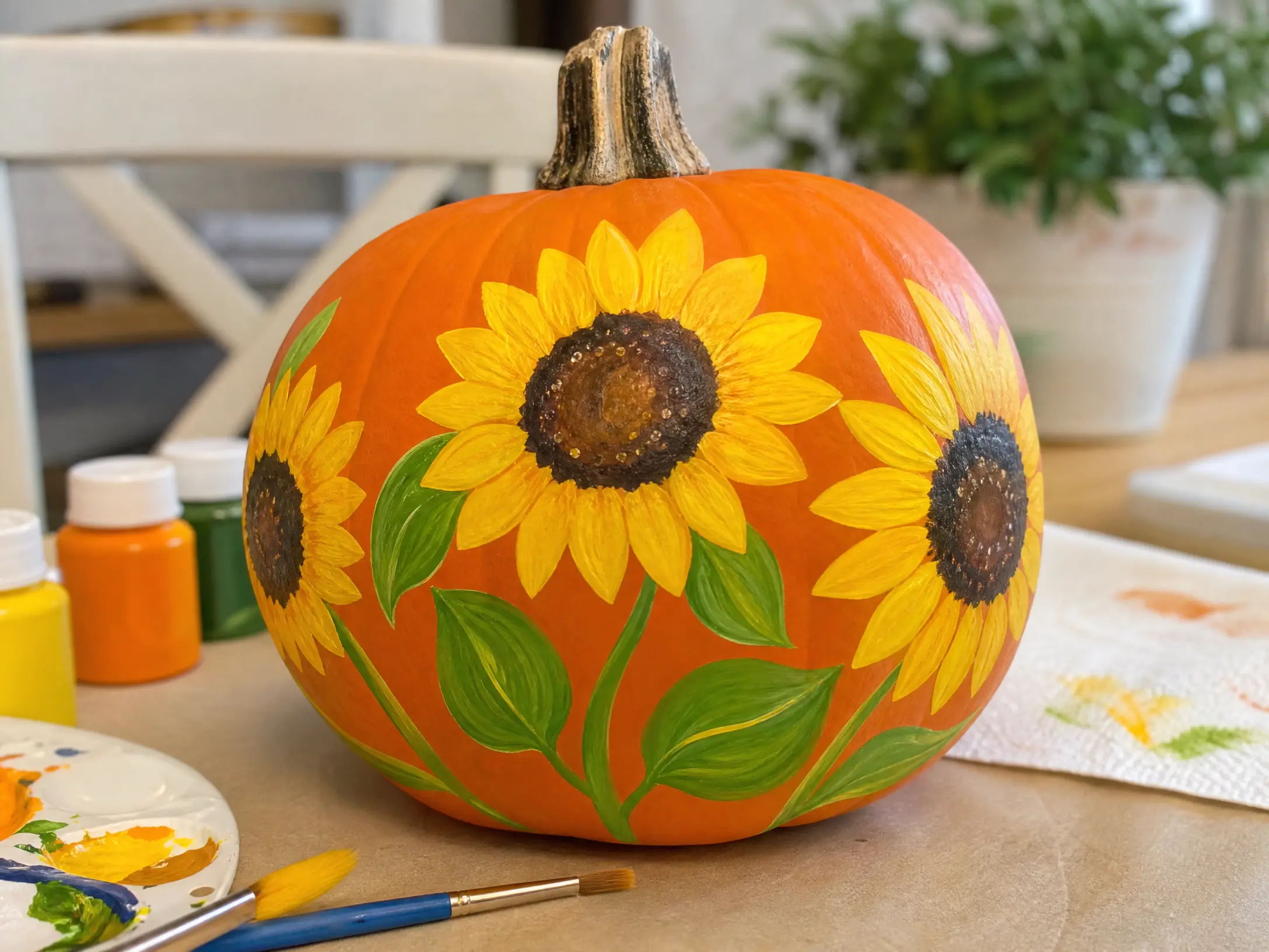 Orange pumpkin decorated with yellow sunflower petals and green leaves