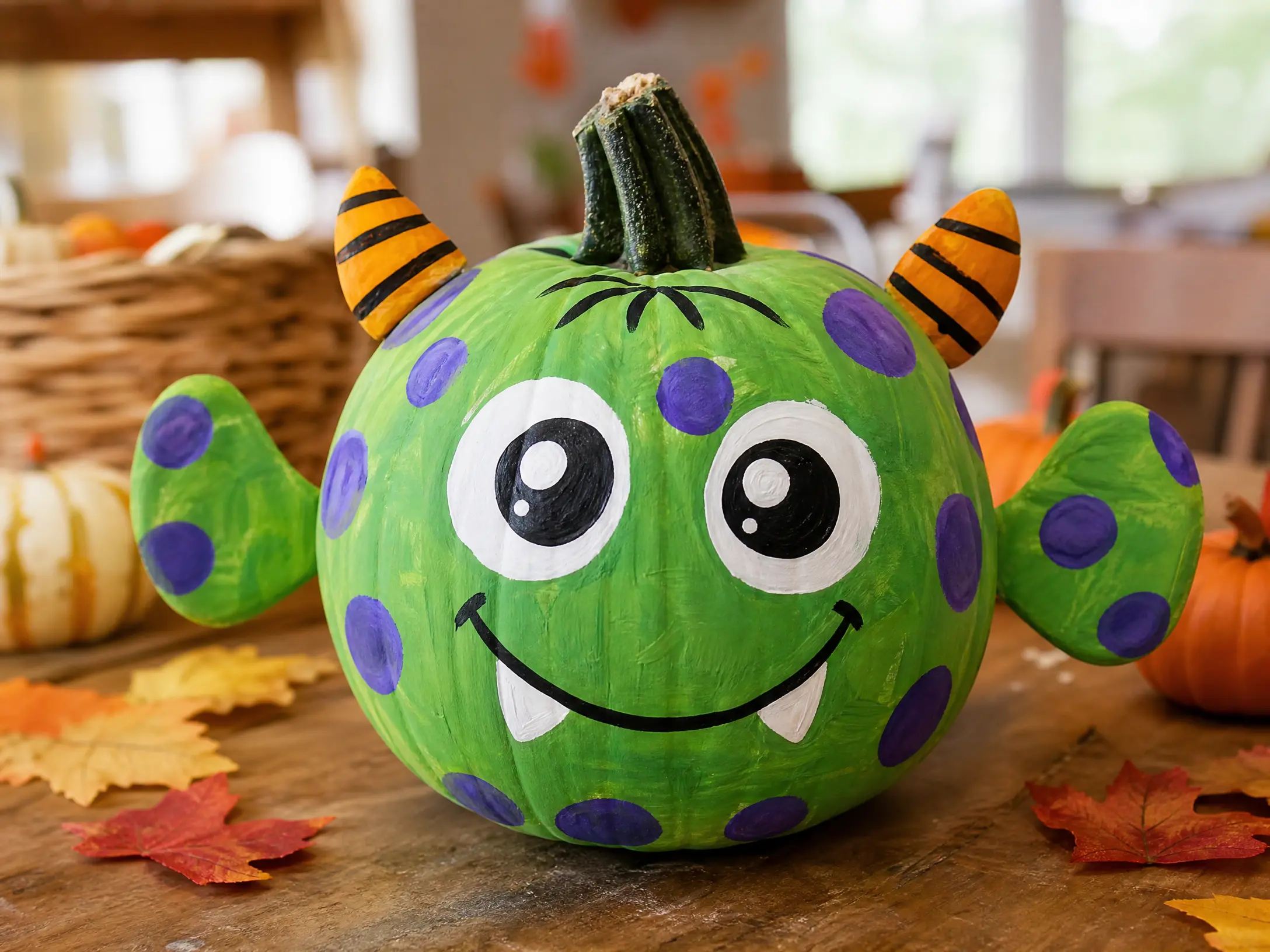 Green monster pumpkin with friendly eyes and a silly smile