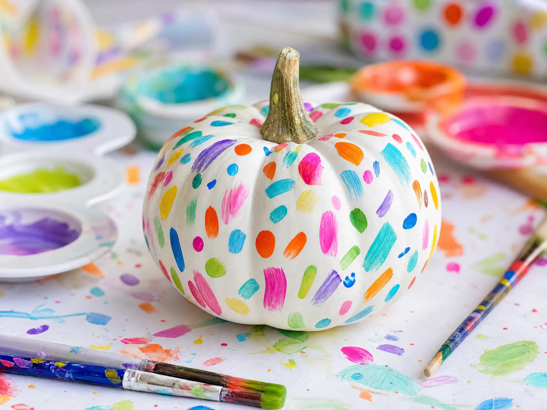 White pumpkin decorated with colorful confetti-style brush marks