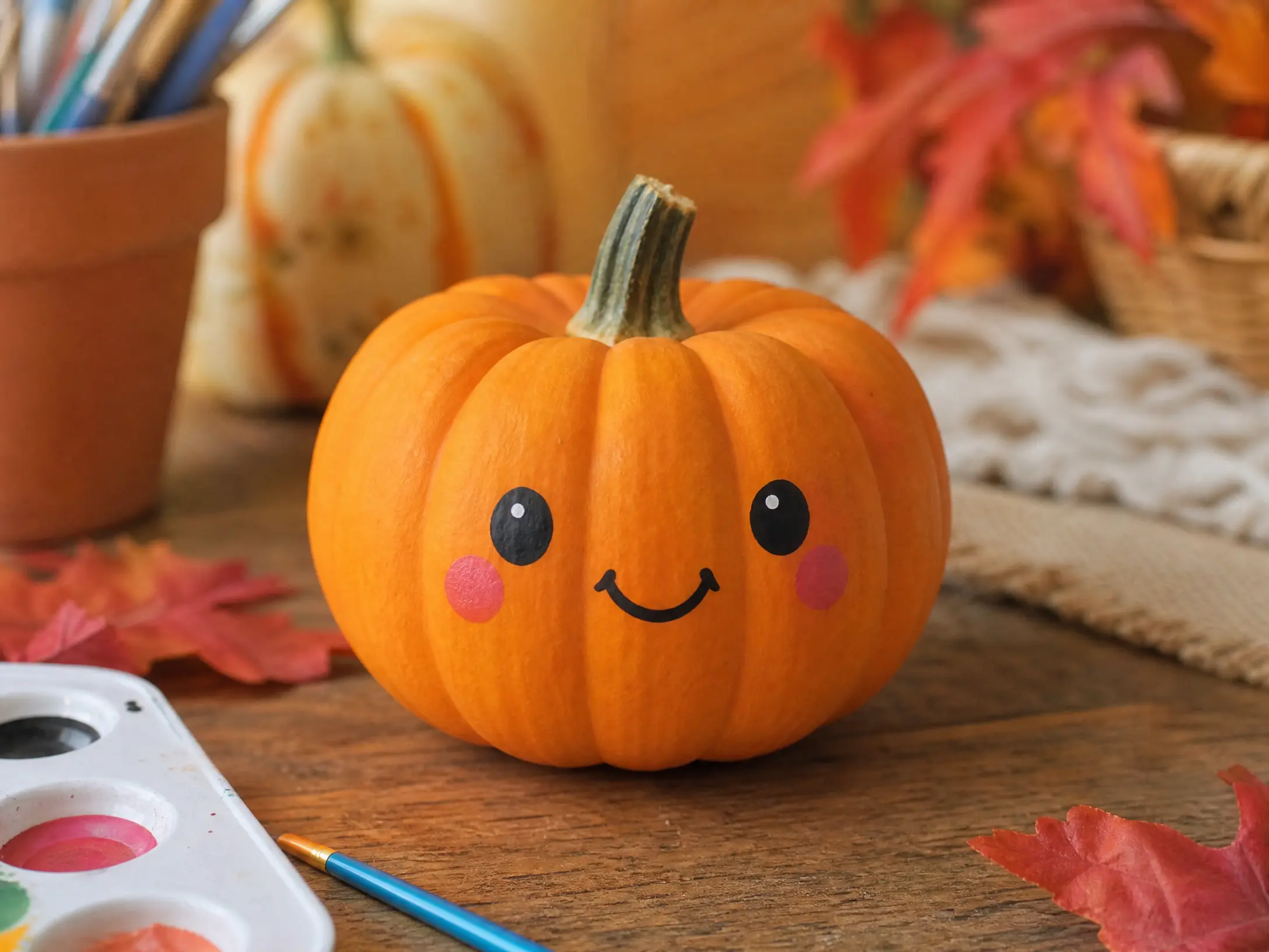 Mini pumpkin with a simple happy face and rosy cheeks