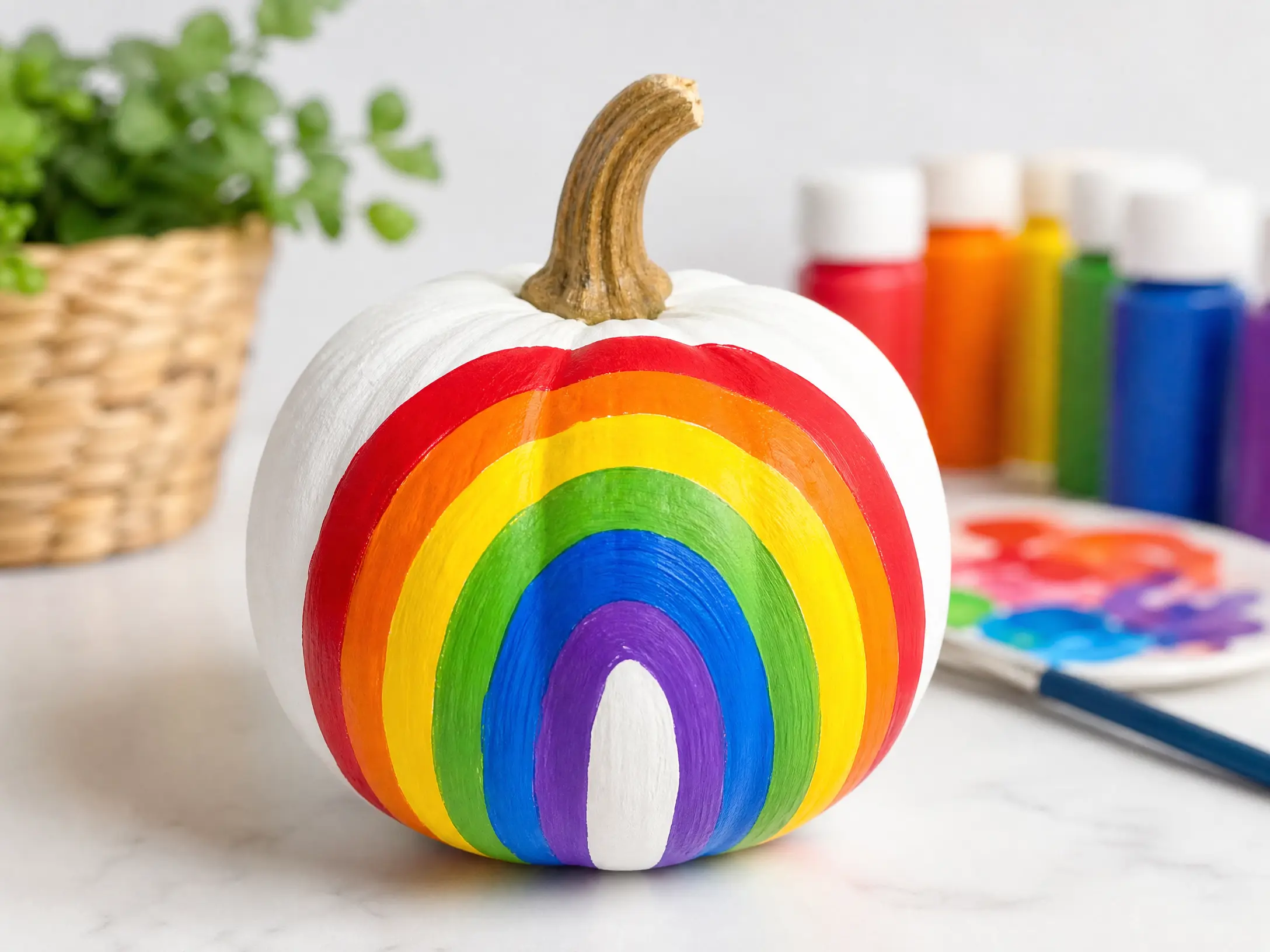 White pumpkin painted with layered rainbow arches