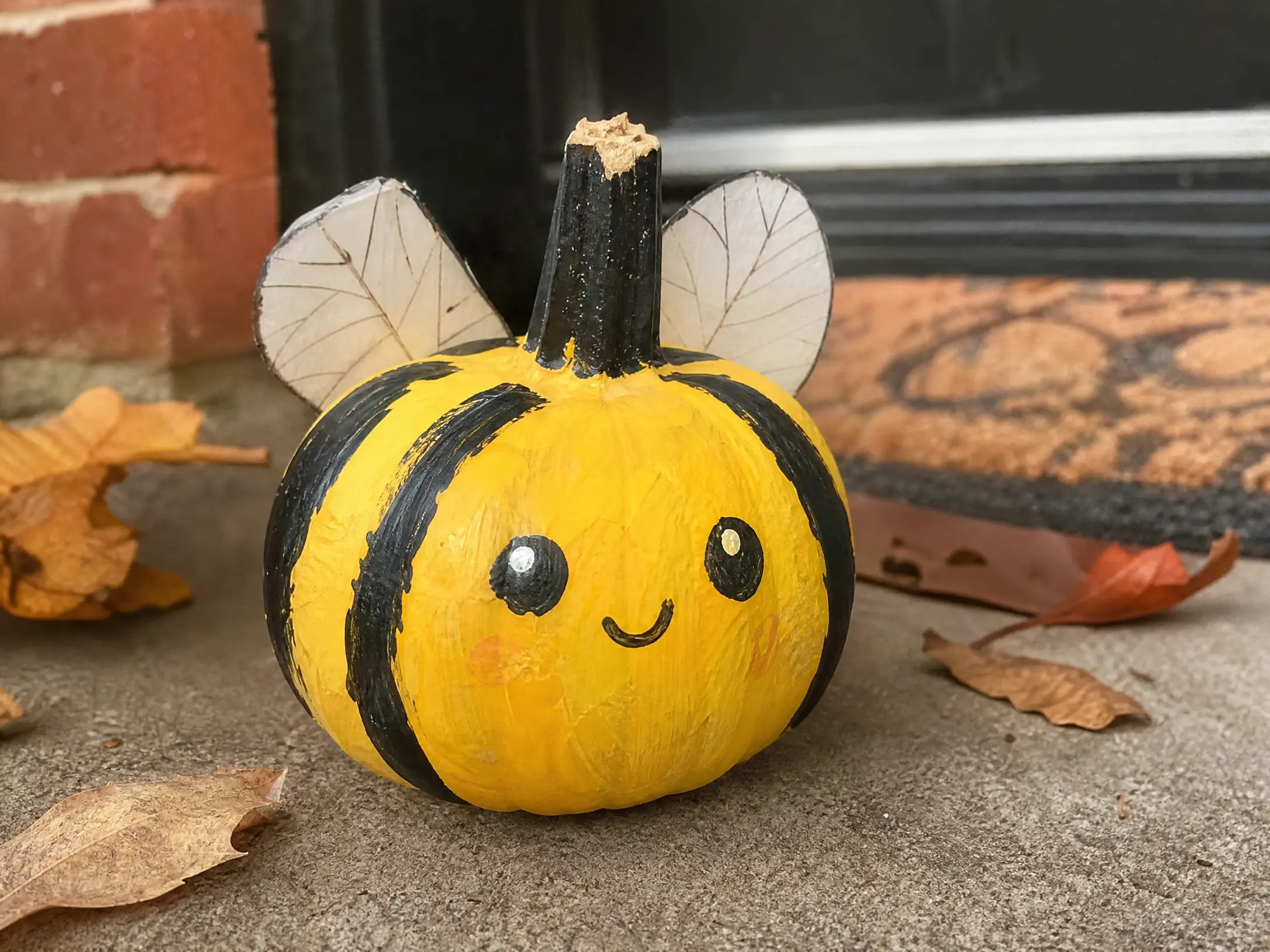 Yellow and black bumblebee-inspired pumpkin with friendly eyes
