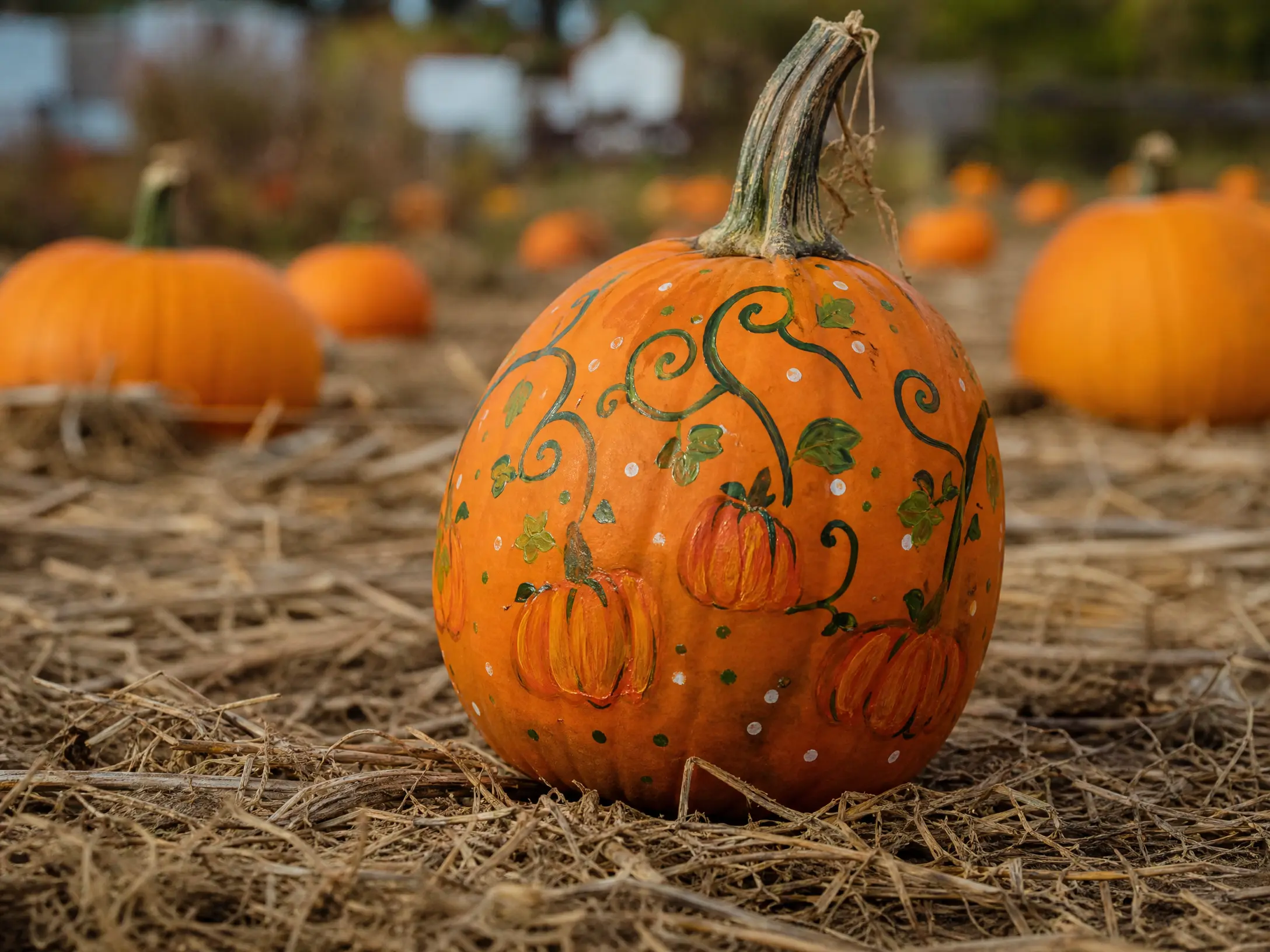 Orange pumpkin painted with vines and tiny pumpkins in a patch scene