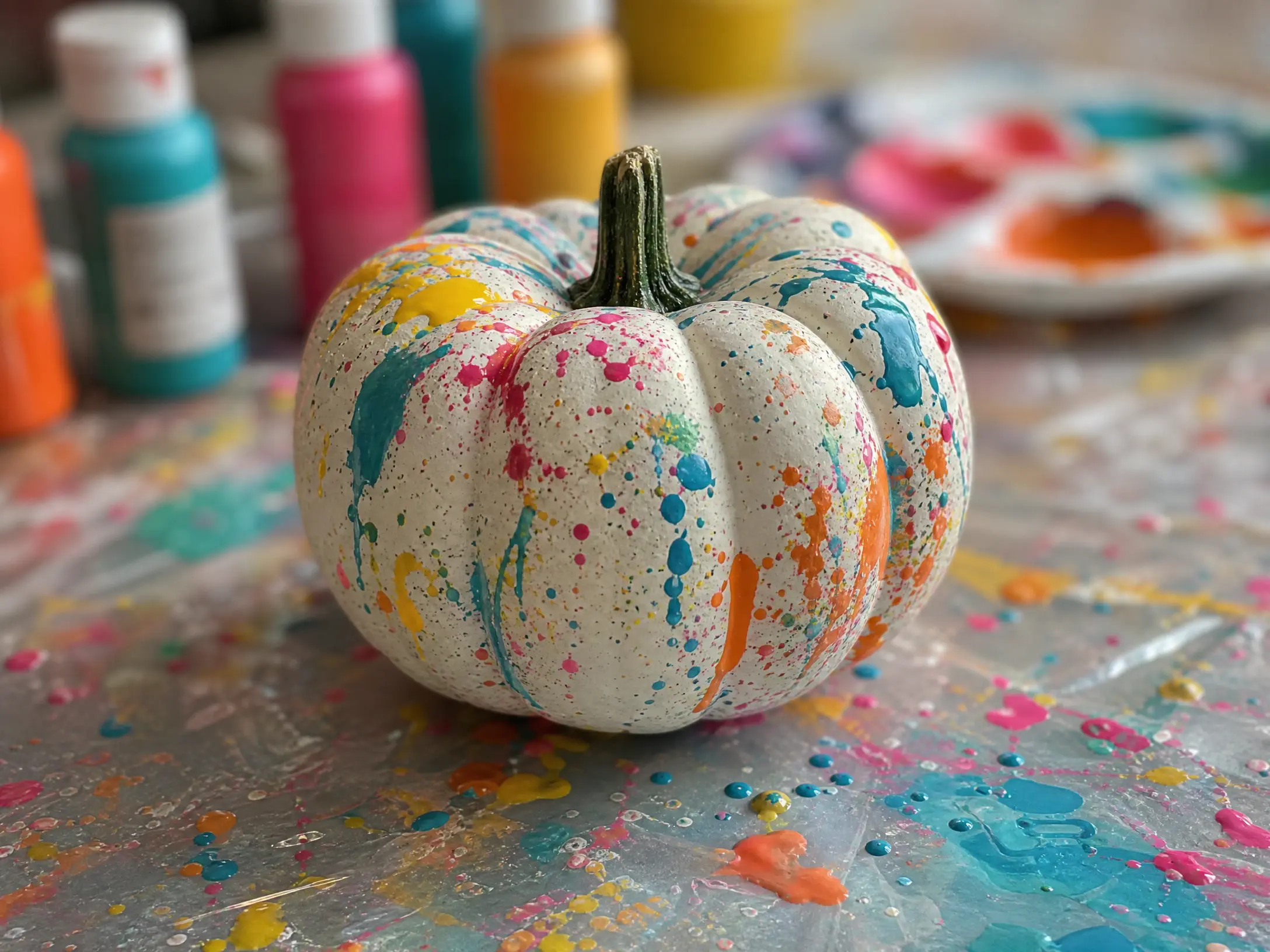 White pumpkin decorated with colorful paint splatters