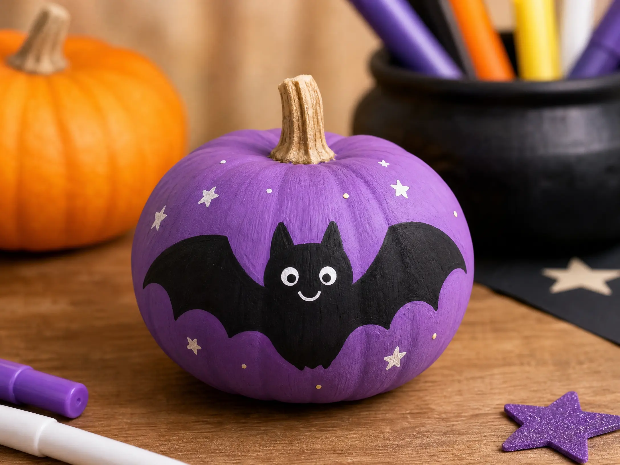 Purple pumpkin painted with a friendly black bat and tiny stars