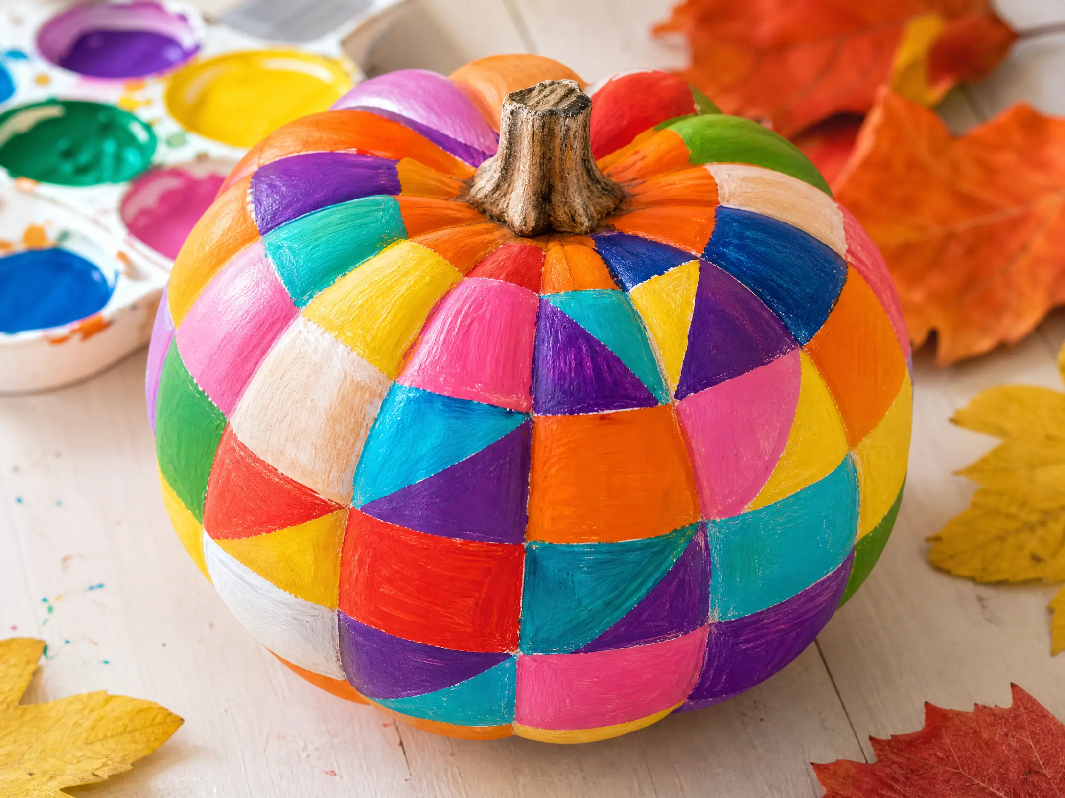 Orange pumpkin painted with a colorful patchwork pattern