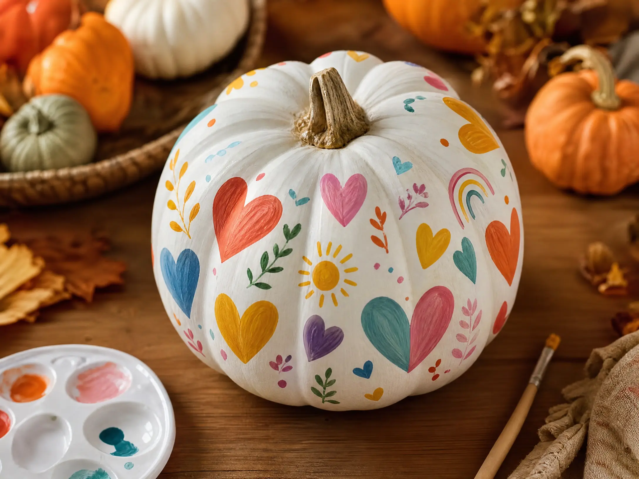 White pumpkin painted with colorful hearts and gratitude symbols