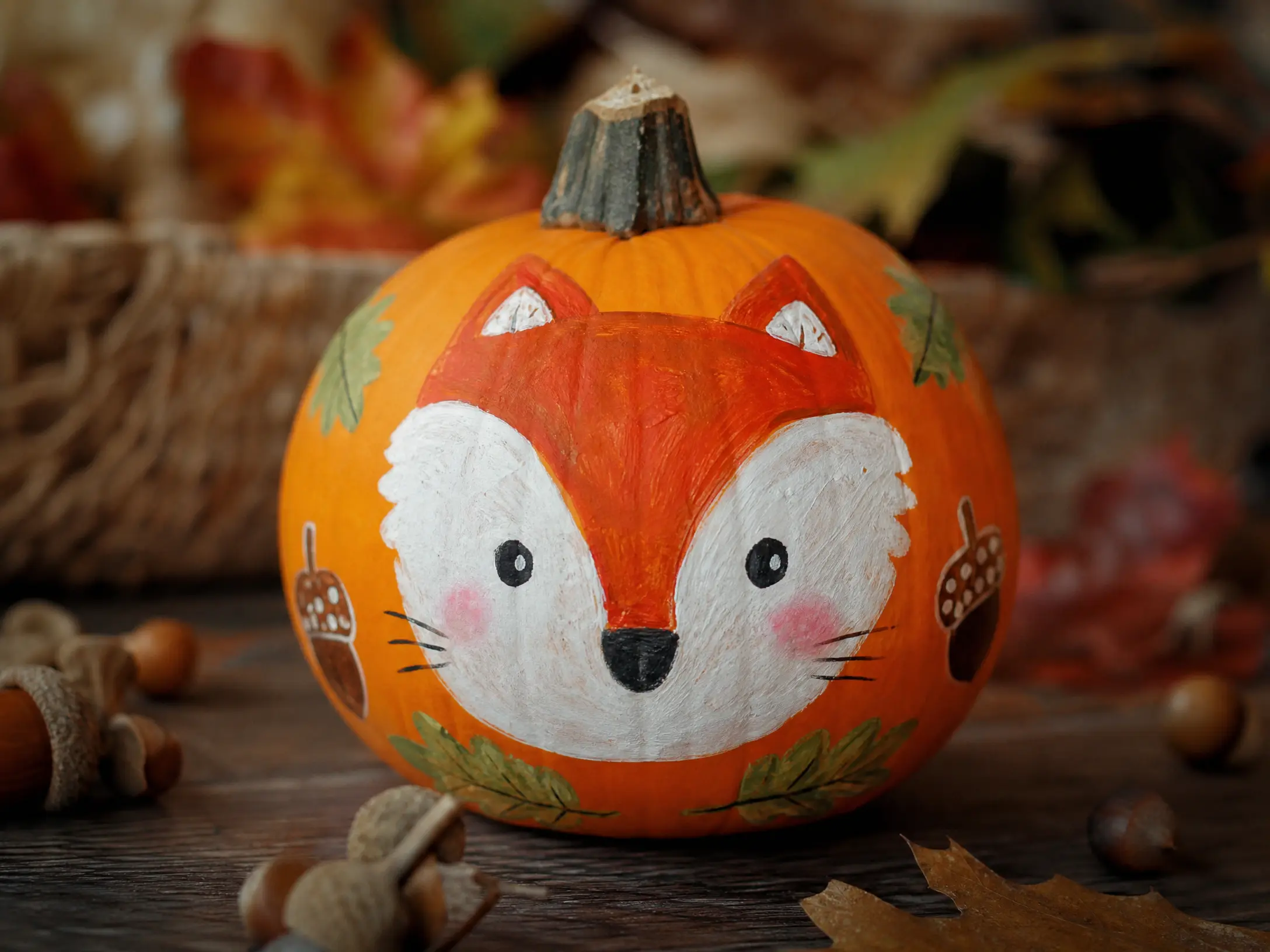Orange pumpkin painted with a woodland fox face, leaves, and acorns