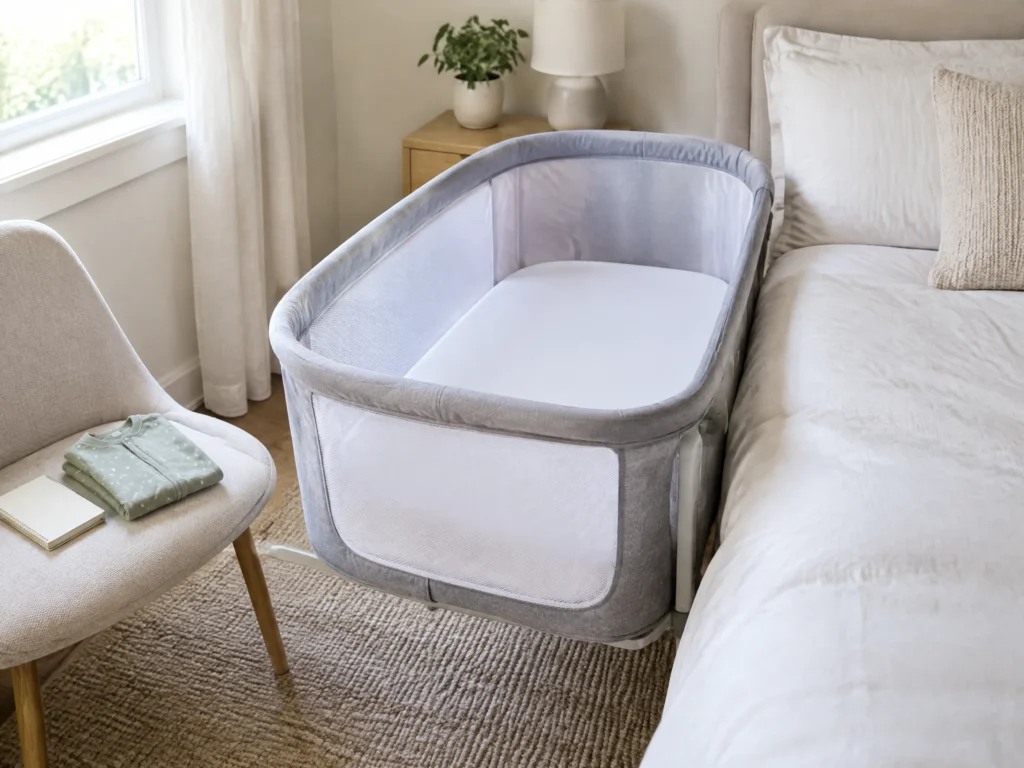 A simple safe newborn sleep space beside the parents’ bed